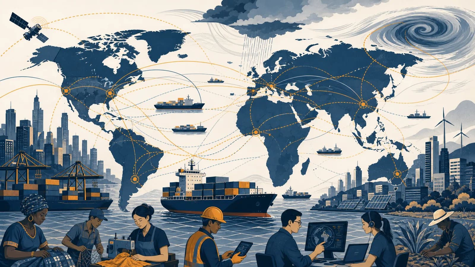 An illustration of cargo ships, data links, workers, cities, and climate systems connected across a world map.