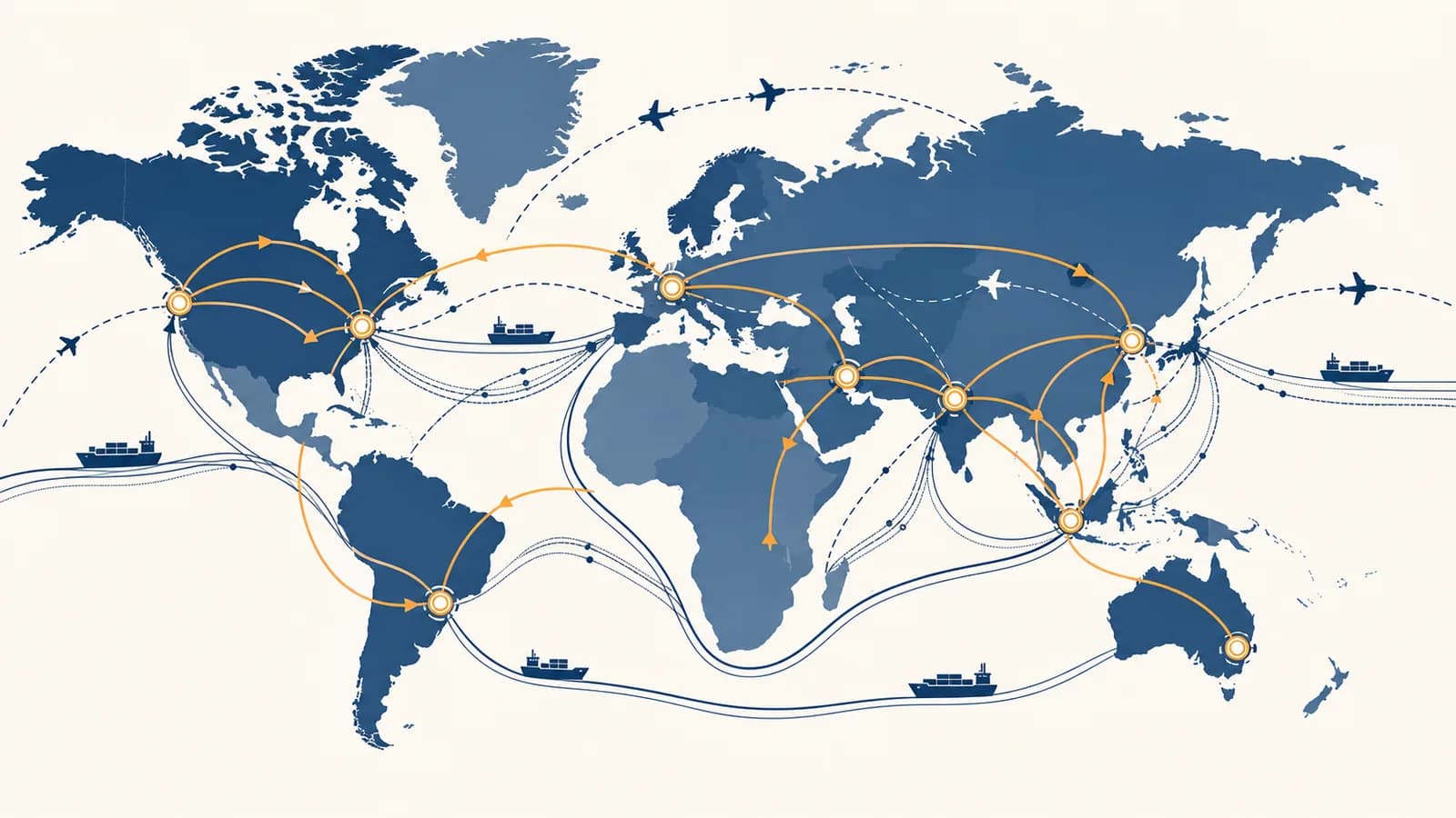 A world map connected by shipping routes, data cables, aircraft paths, and flows between cities.