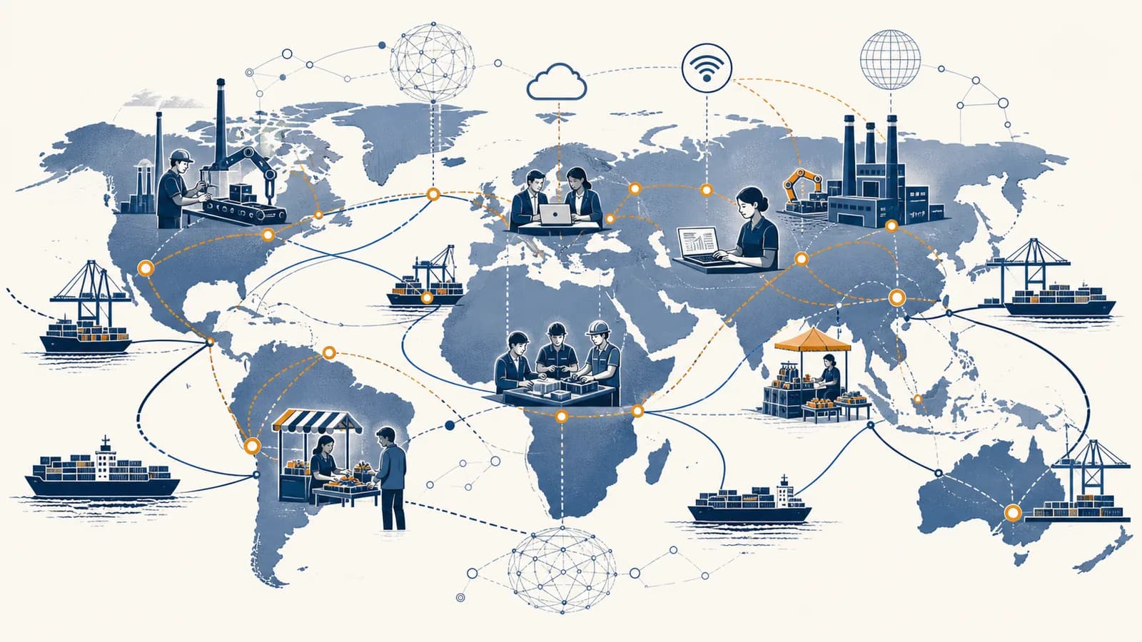 A world map connected by routes linking factories, ports, markets, workers, and digital networks.