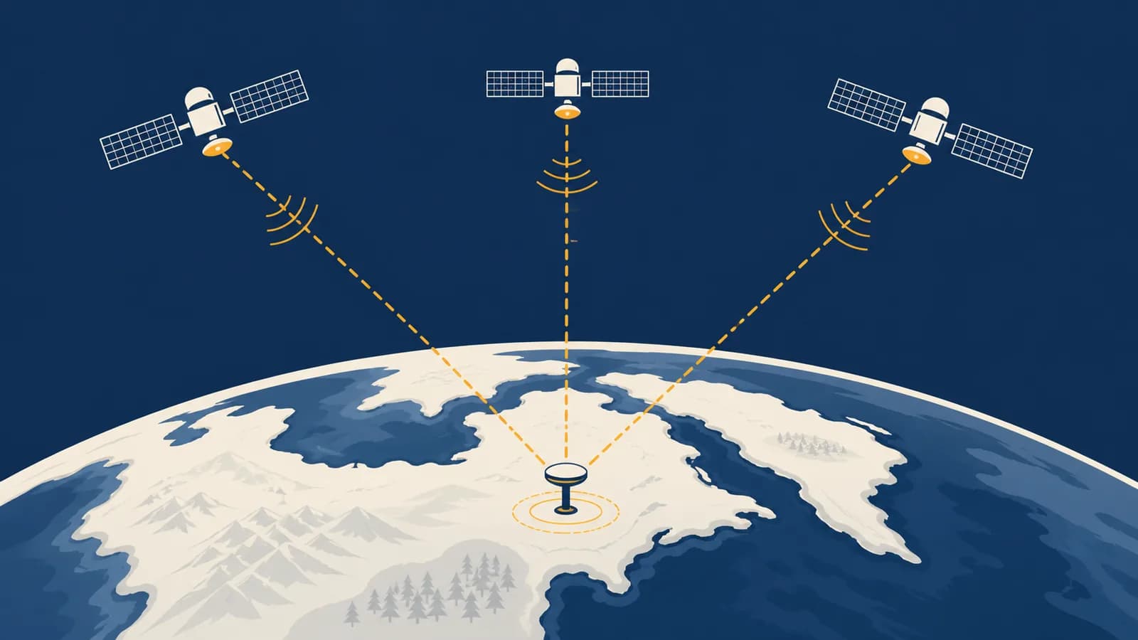 An illustration shows GPS satellites sending timed radio signals to a receiver on Earth.