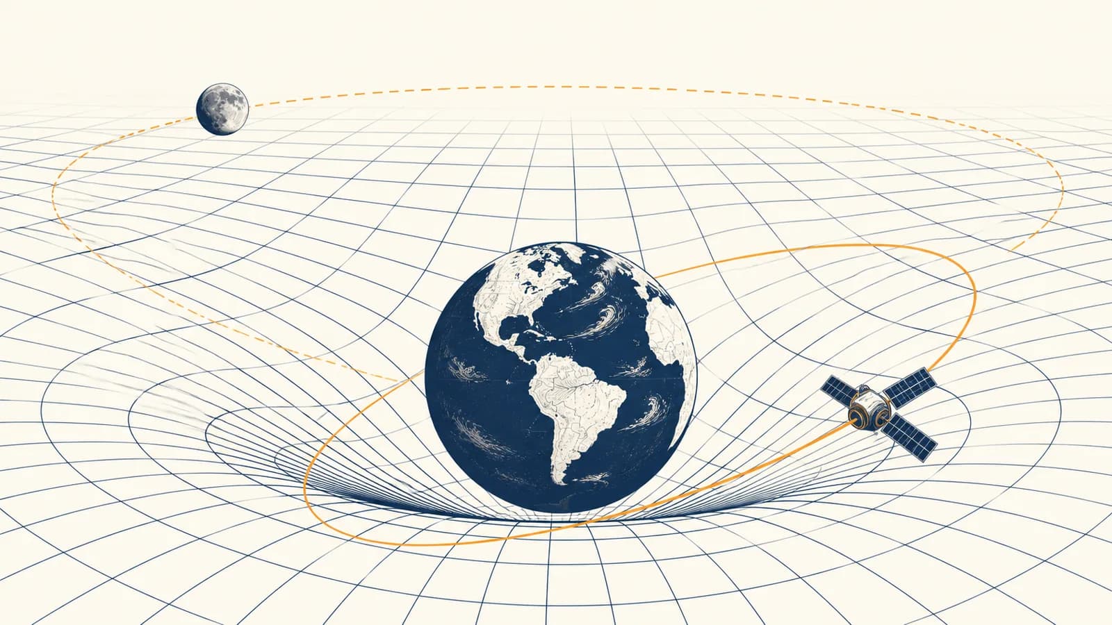 An illustration of Earth curving a grid in space while the Moon and a satellite follow orbital paths.