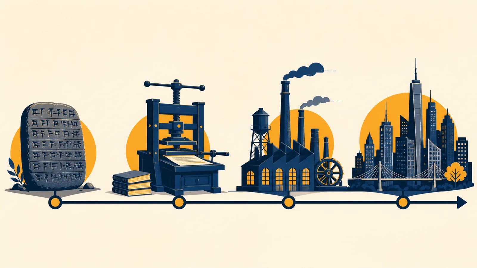 An illustrated timeline connects an ancient tablet, a printing press, a factory and a modern city.