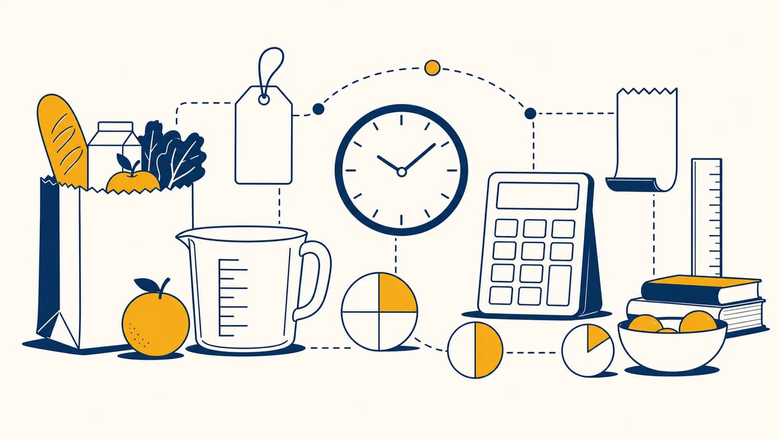 An illustration of everyday objects connected to measurements, prices, percentages, clocks, and simple calculations.