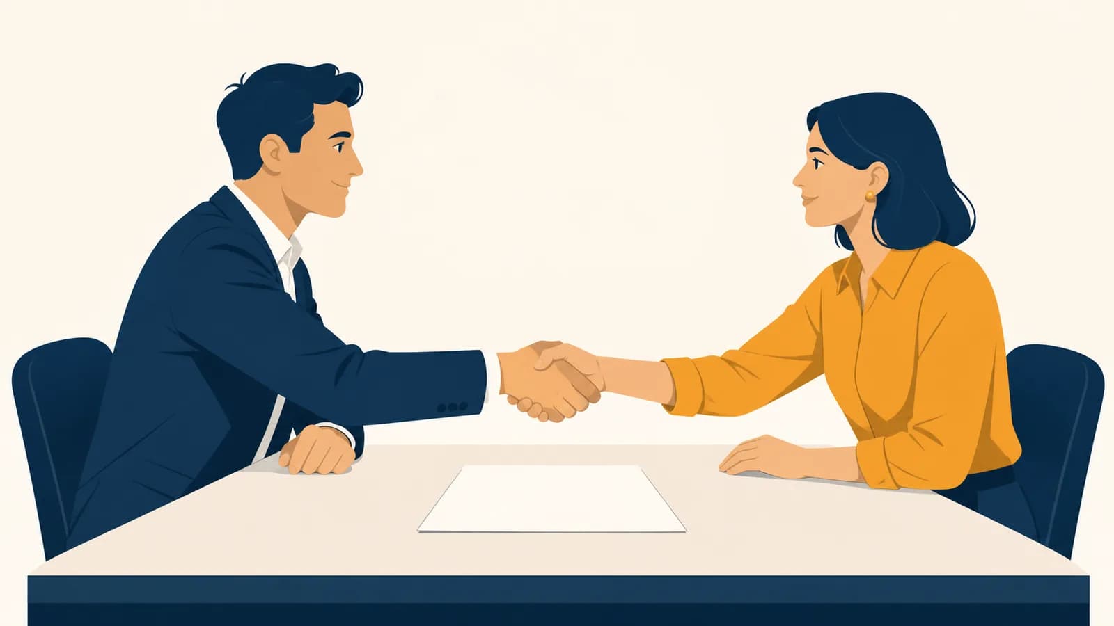 An entrepreneur and a customer agree on a small project across a table while a simple offer sheet sits between them.
