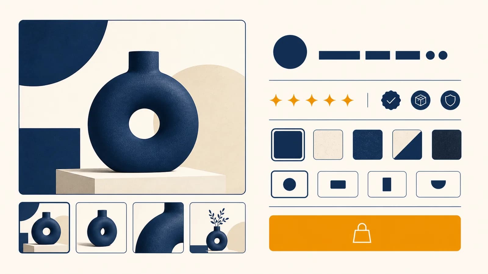 An illustrated product page layout shows images, price, proof, options, and a clear purchase button.