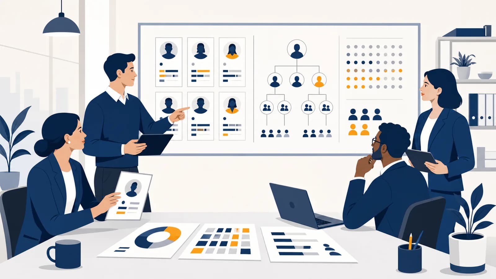 An HR team reviews candidate profiles, workforce plans, and an employee development chart in a bright office.