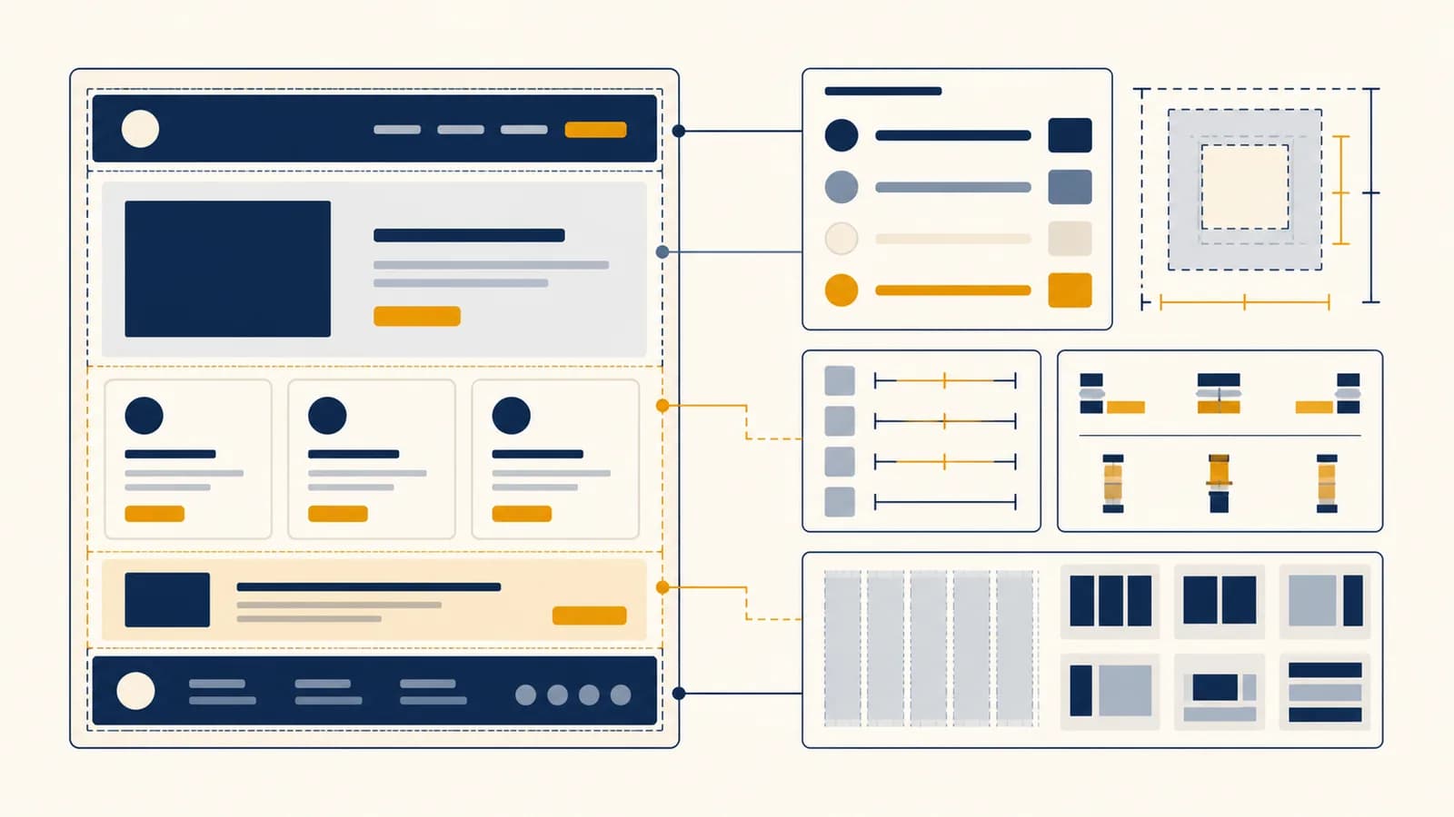 An illustration of HTML elements forming a page structure beside CSS rules controlling its colors, spacing, and layout.