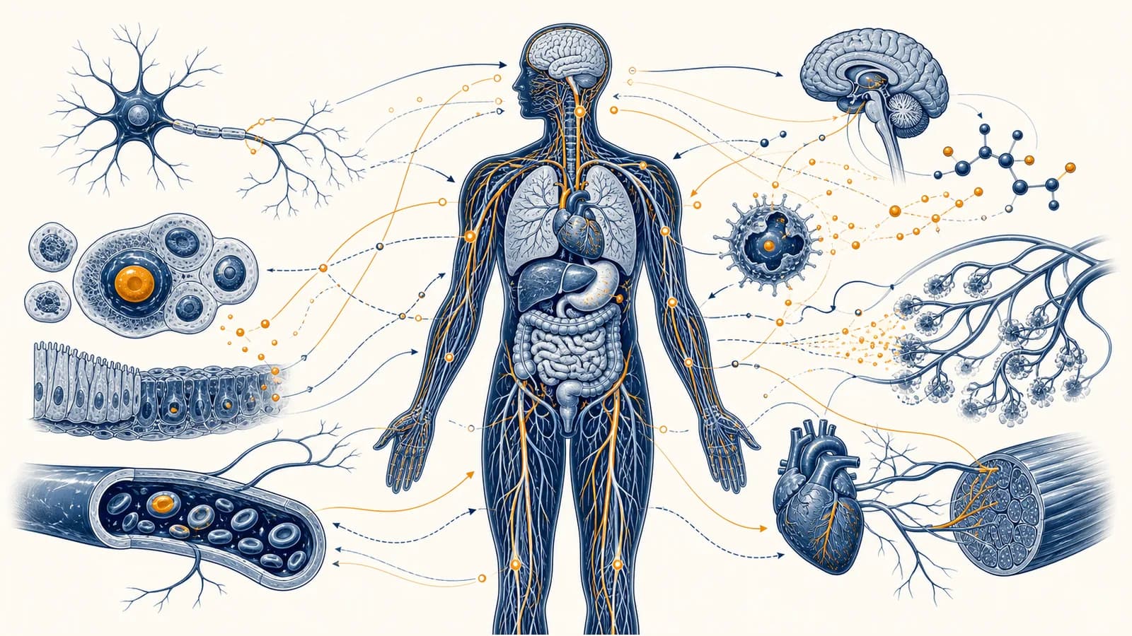 An illustration of the human body showing cells, major organs, blood vessels, nerves, and chemical signals working together.