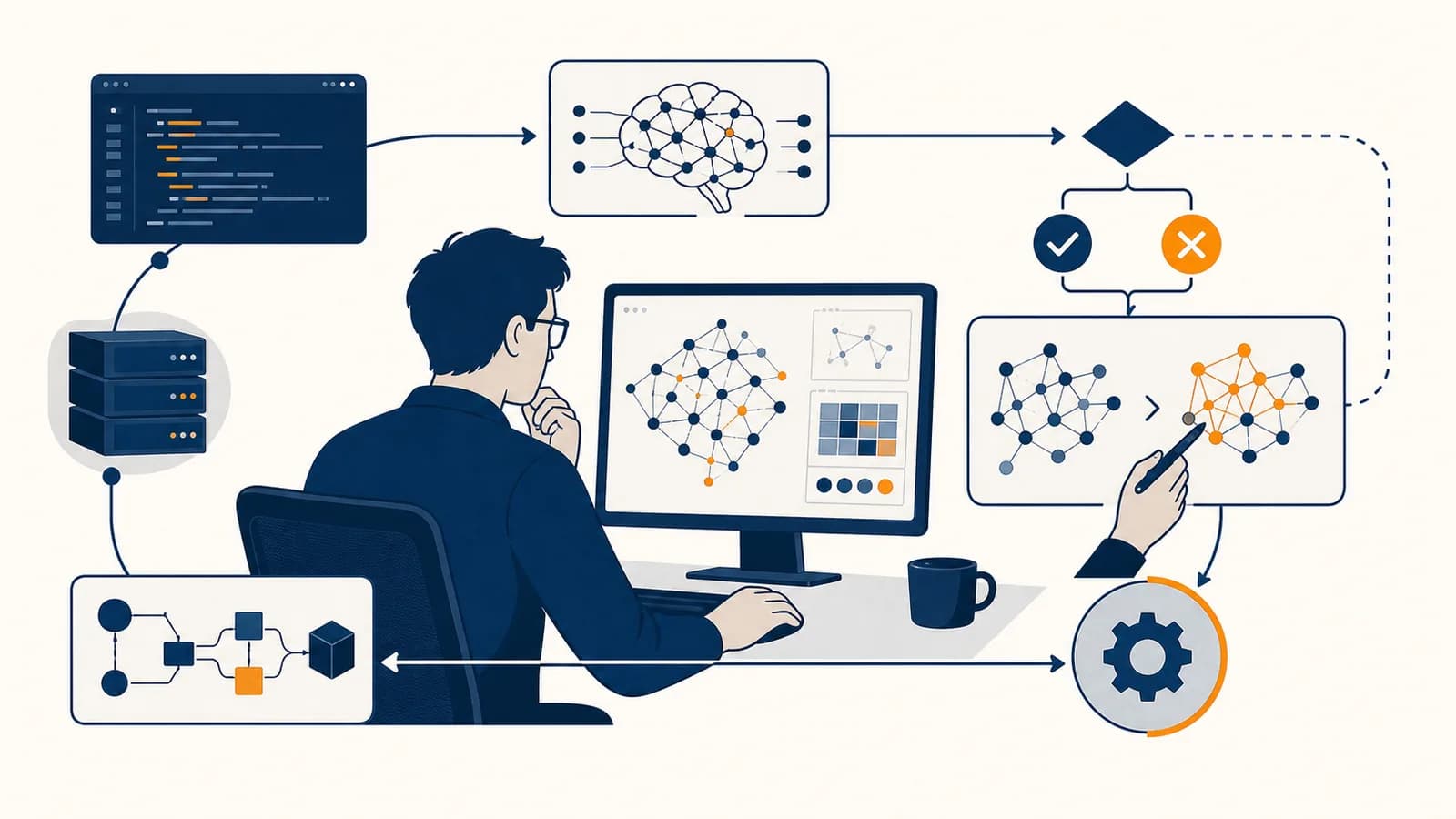 A developer reviews an AI system output inside a feedback loop connecting software, decisions, and corrections.