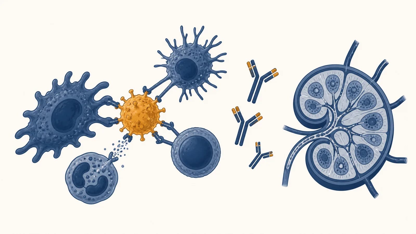 An illustration of immune cells recognizing a pathogen beside antibodies and a lymph node.