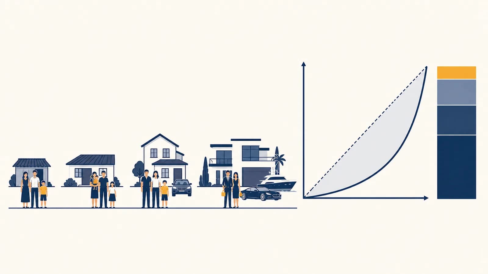 Households at different income levels beside a Lorenz curve and stacked income shares.