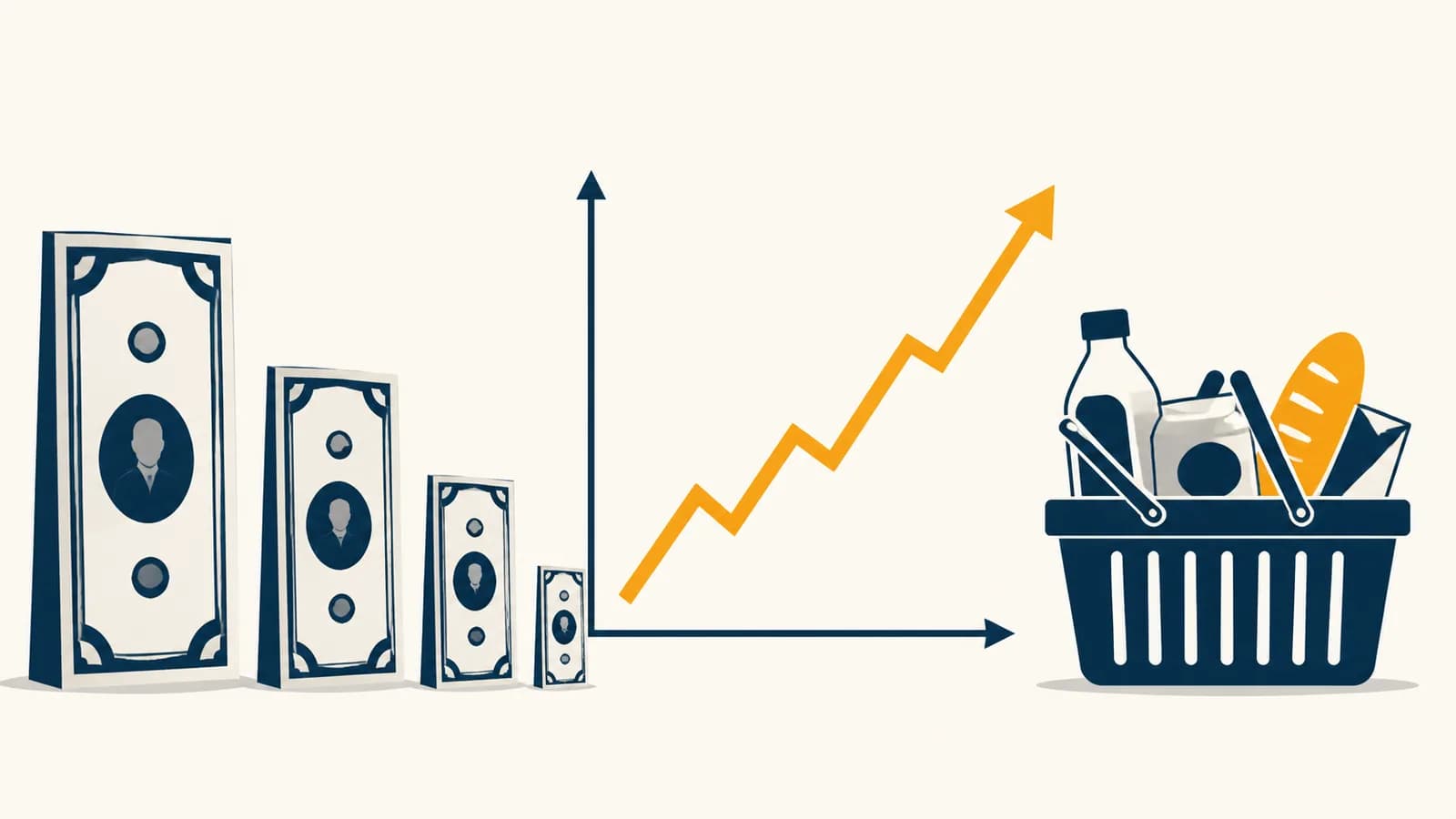 An illustration of dollar bills shrinking beside a rising price chart and a shopping basket.
