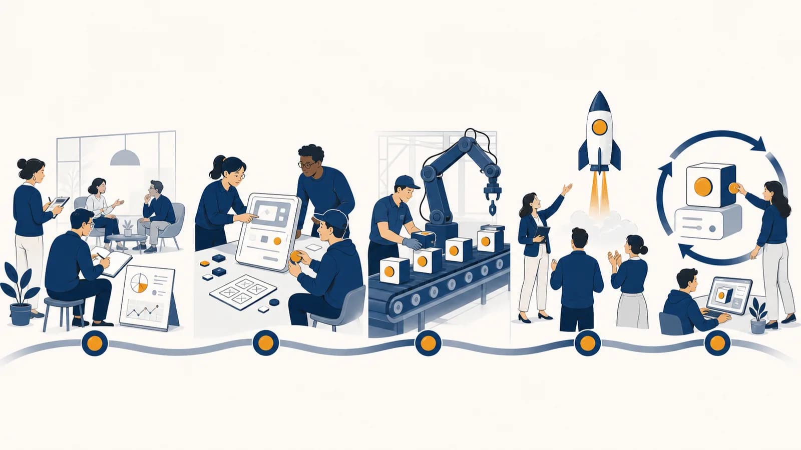 A product team moves an idea through research, prototype testing, production, launch, and improvement.
