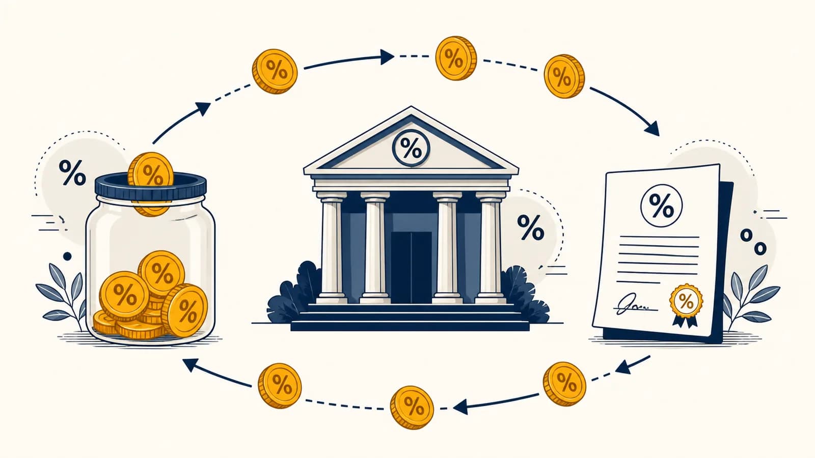 An illustration of coins moving between a savings jar, a bank, and a loan agreement with percentage signs.