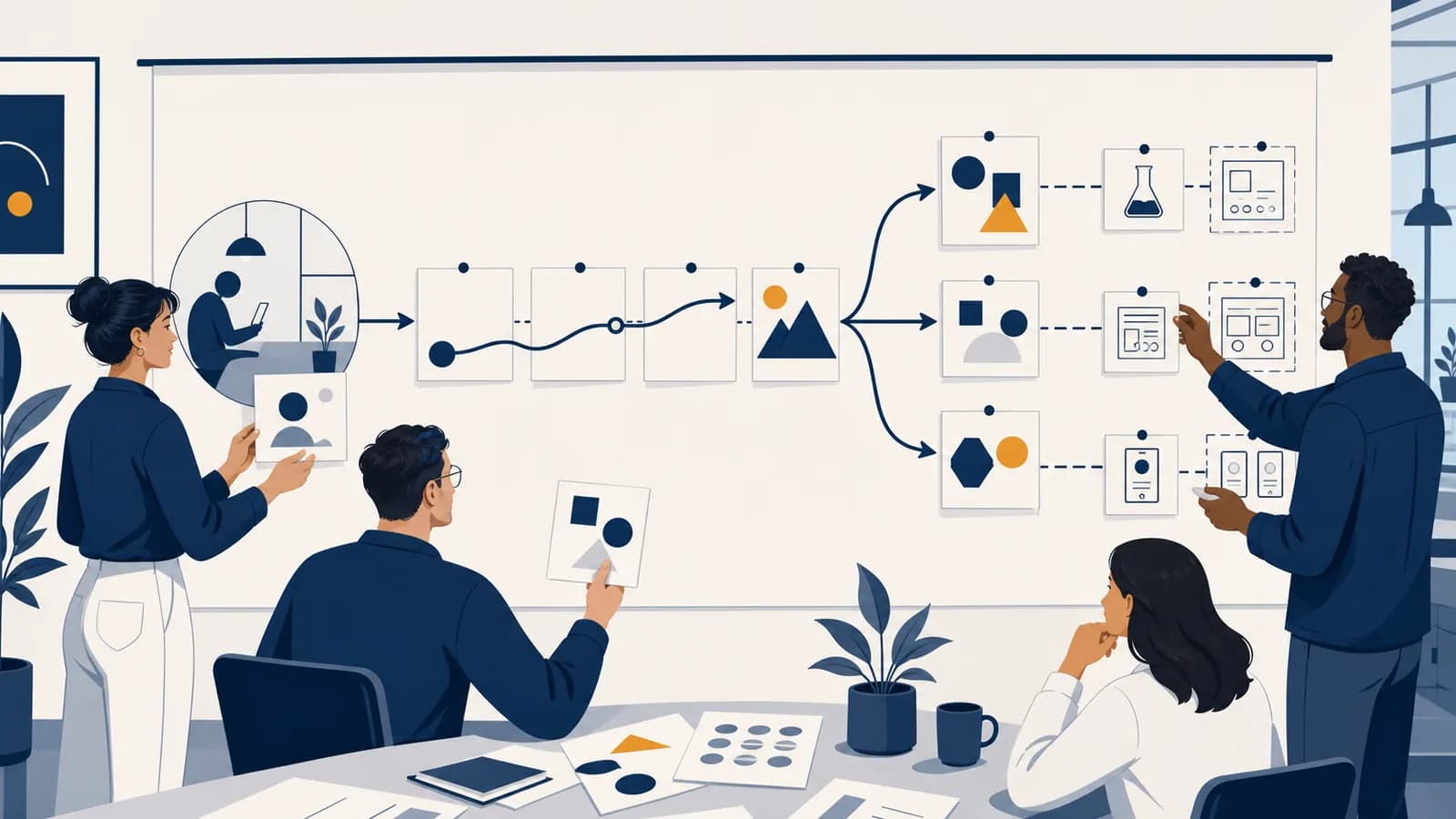 A product team maps a customer situation, desired progress, alternatives, and testable ideas on a wall.