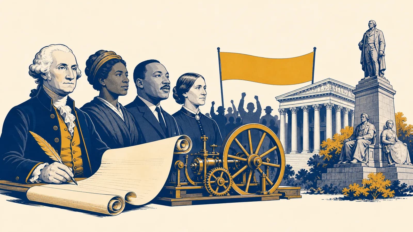 An illustration of historical figures connected to documents, movements, inventions, governments, and public monuments.