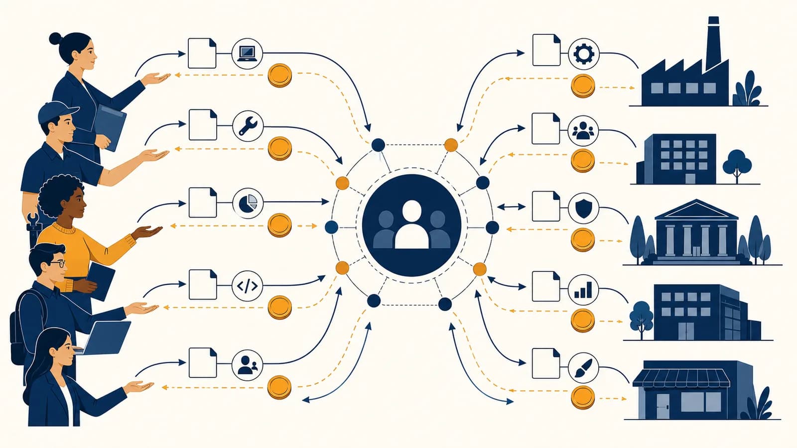 Workers and employers exchange job offers, skills, and wages across a connected labor market.
