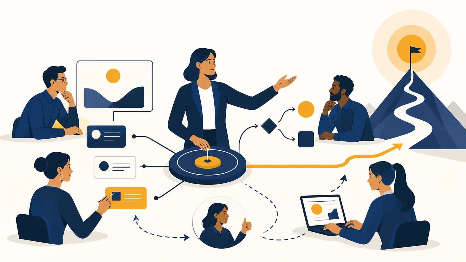 A team leader coordinates people, tasks, decisions, and feedback around a shared business goal.