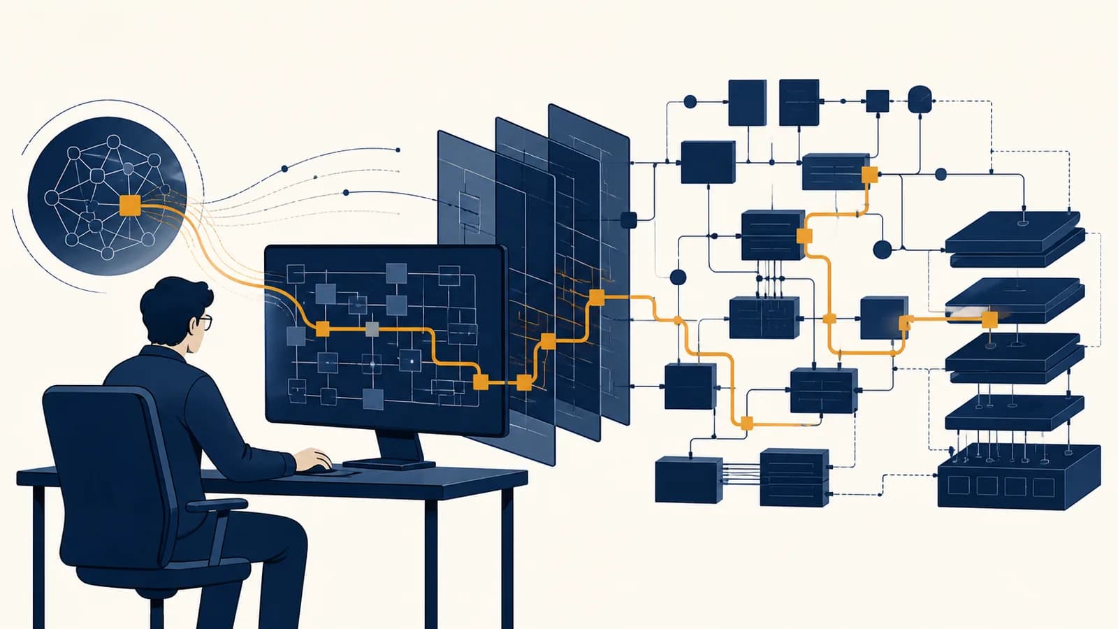 A developer uses an AI assistant to trace connections through an older software codebase.