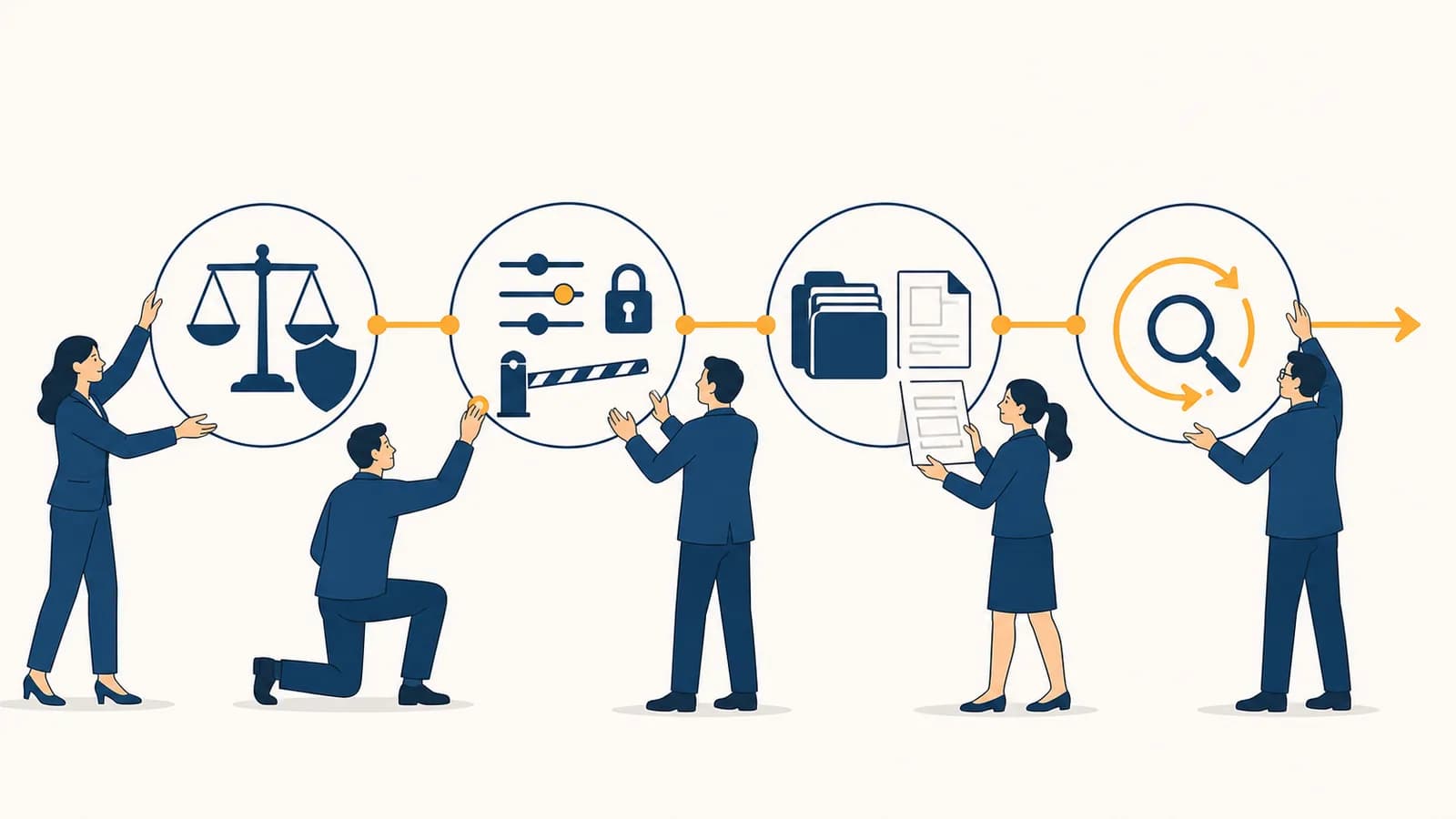 An illustration of a business team connecting legal rules to workplace controls, records, and review steps.
