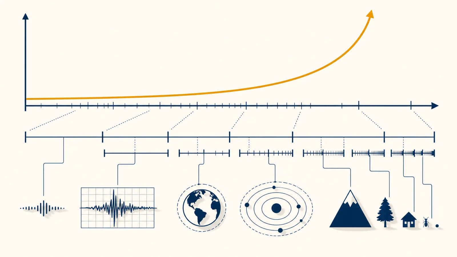 An illustration connects an exponential curve to a logarithmic scale with powers of ten and real measurement examples.