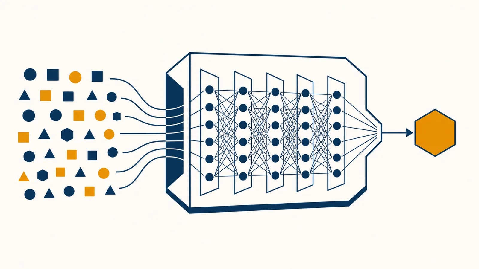An illustration of data points flowing through a training model to produce a prediction.