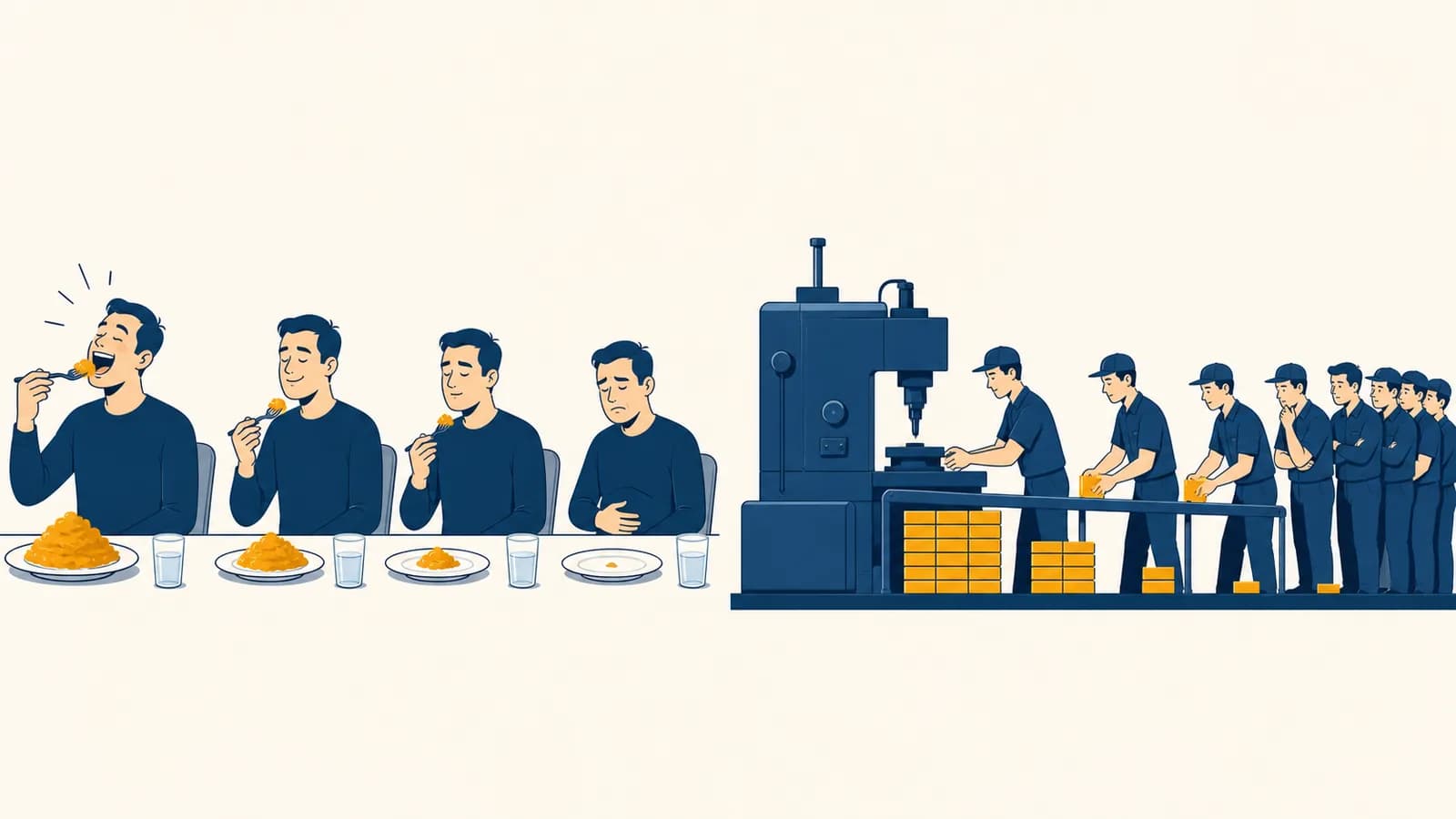 An illustration compares shrinking satisfaction from extra food with shrinking output from extra workers around one machine.