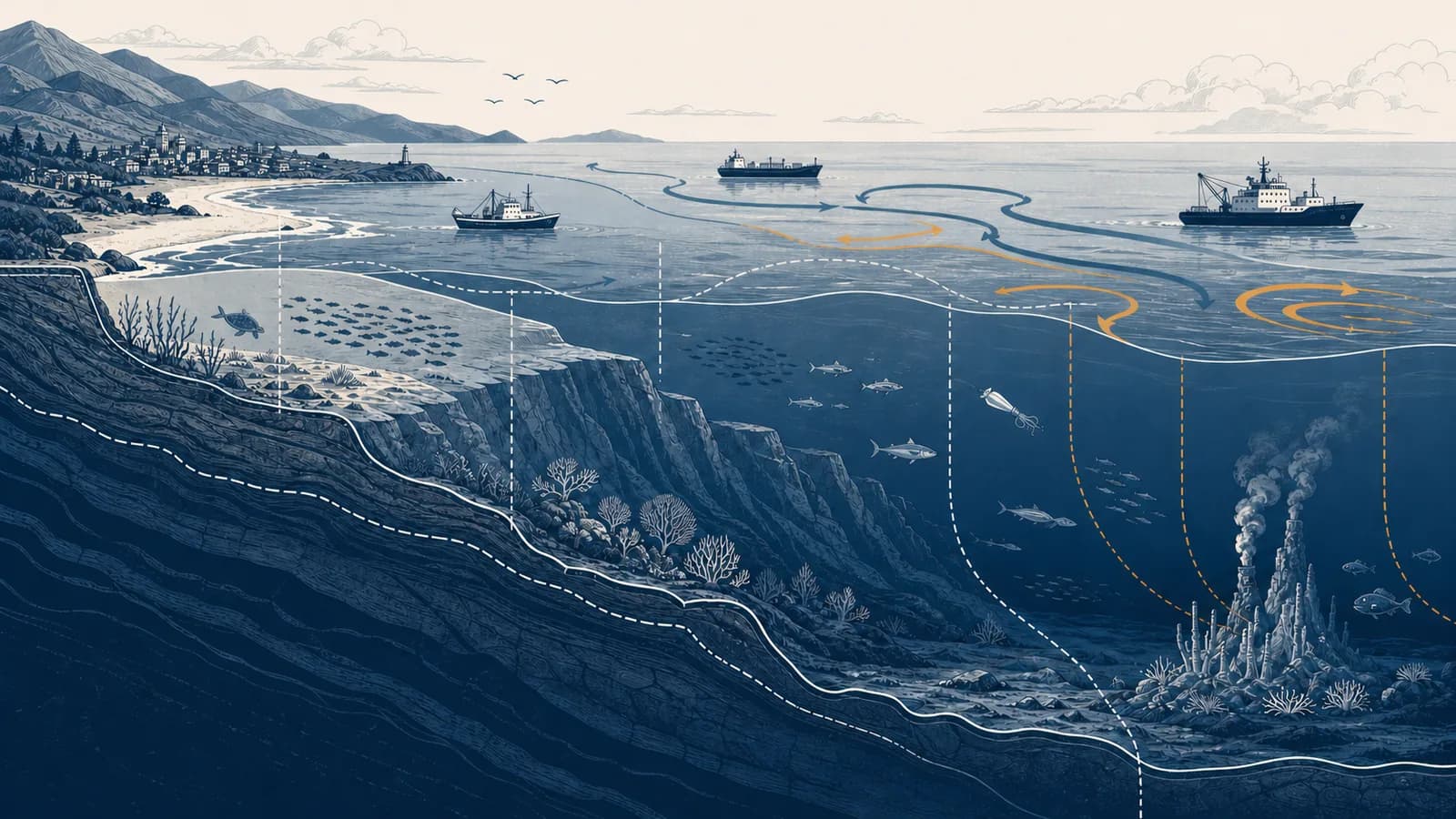 An illustrated cutaway map shows a coast, continental shelf, deep ocean, currents, ships, habitats and maritime boundaries.