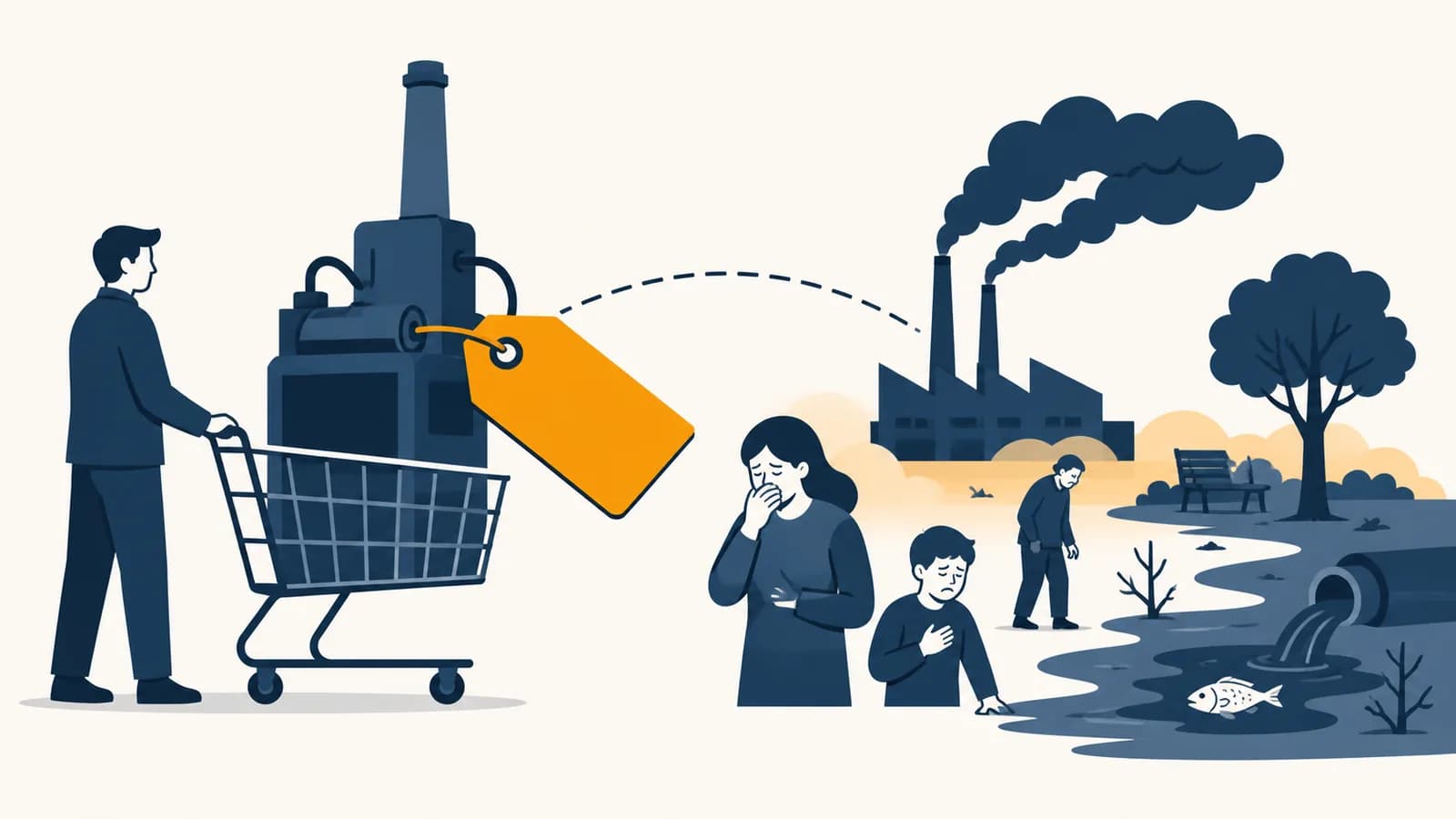 An illustration of a market price tag missing costs that spill over onto nearby people and shared resources.