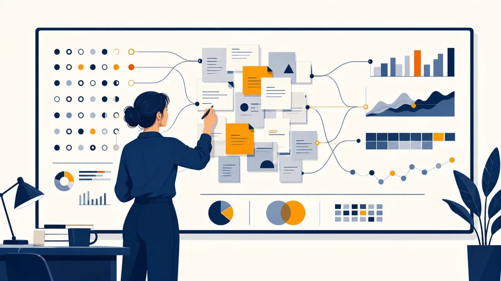 A market researcher compares survey responses, interview notes and purchasing patterns on a large analysis board.