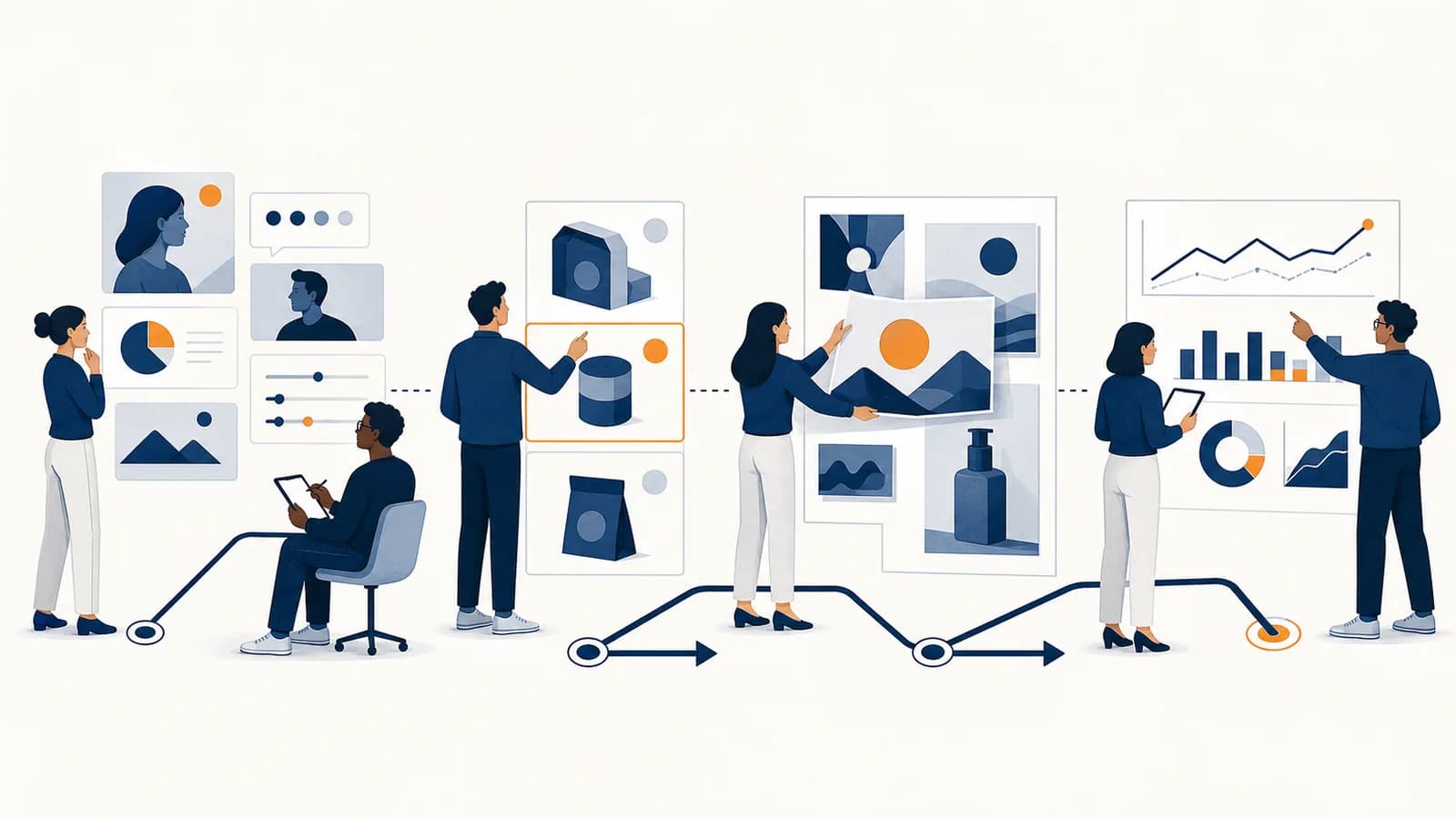 An illustration of people connecting customer research, product decisions, brand messages and performance charts.
