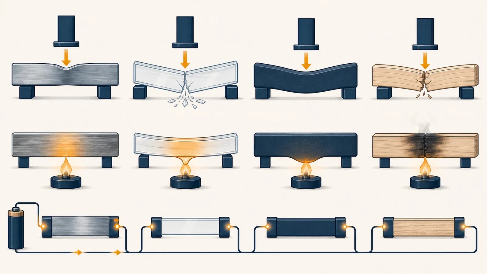 An illustration comparing how metal, glass, rubber and wood respond to force, heat and electric current.