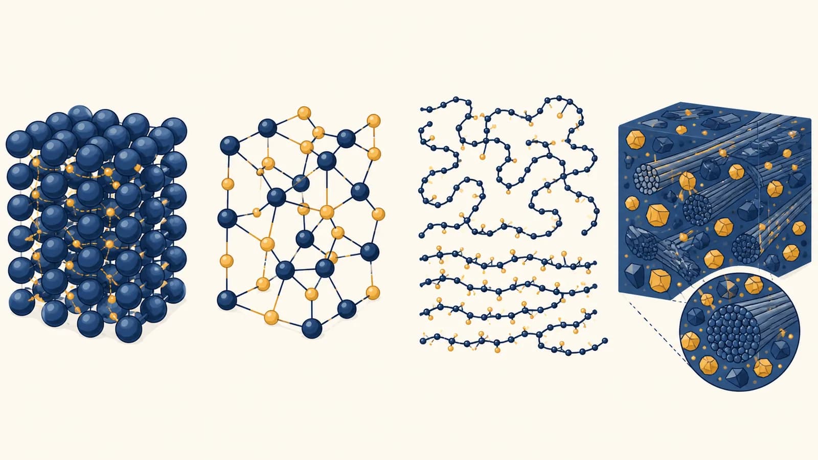 An illustration comparing the atomic and microscopic structures of metal, ceramic, polymer and composite materials.