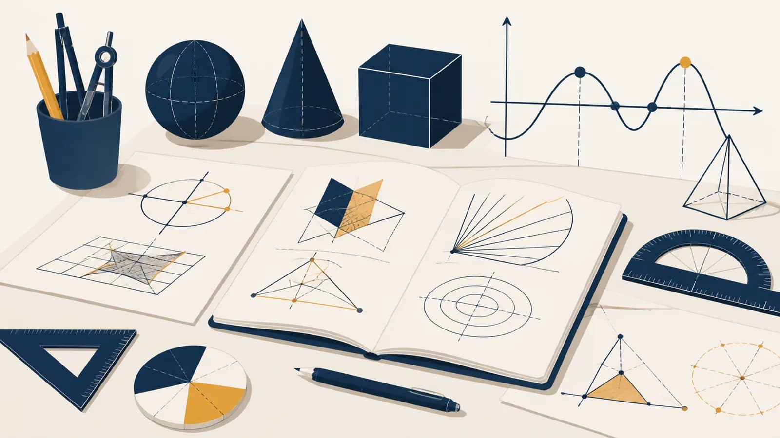 An illustration of mathematical symbols, geometric shapes, graphs and measured quantities arranged on a study desk.