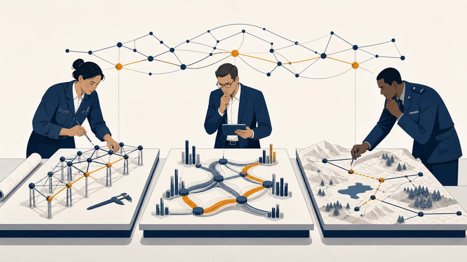 An engineer, trader, and military planner examine different models of the same connected system.