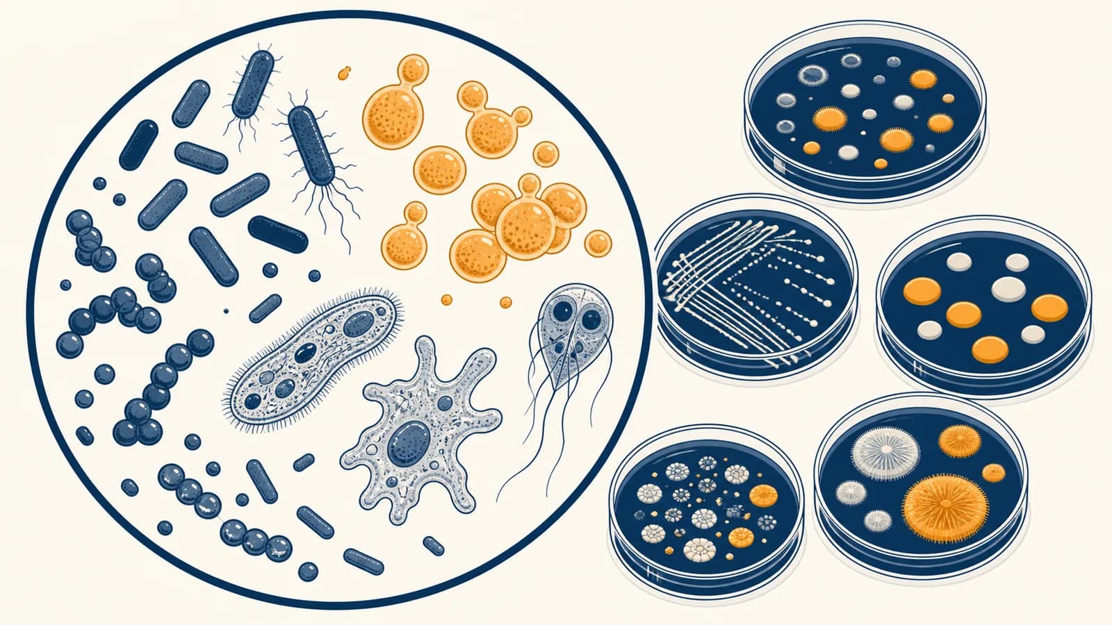 An illustrated microscope view of bacteria, yeast, protozoa, and viruses beside laboratory culture plates.
