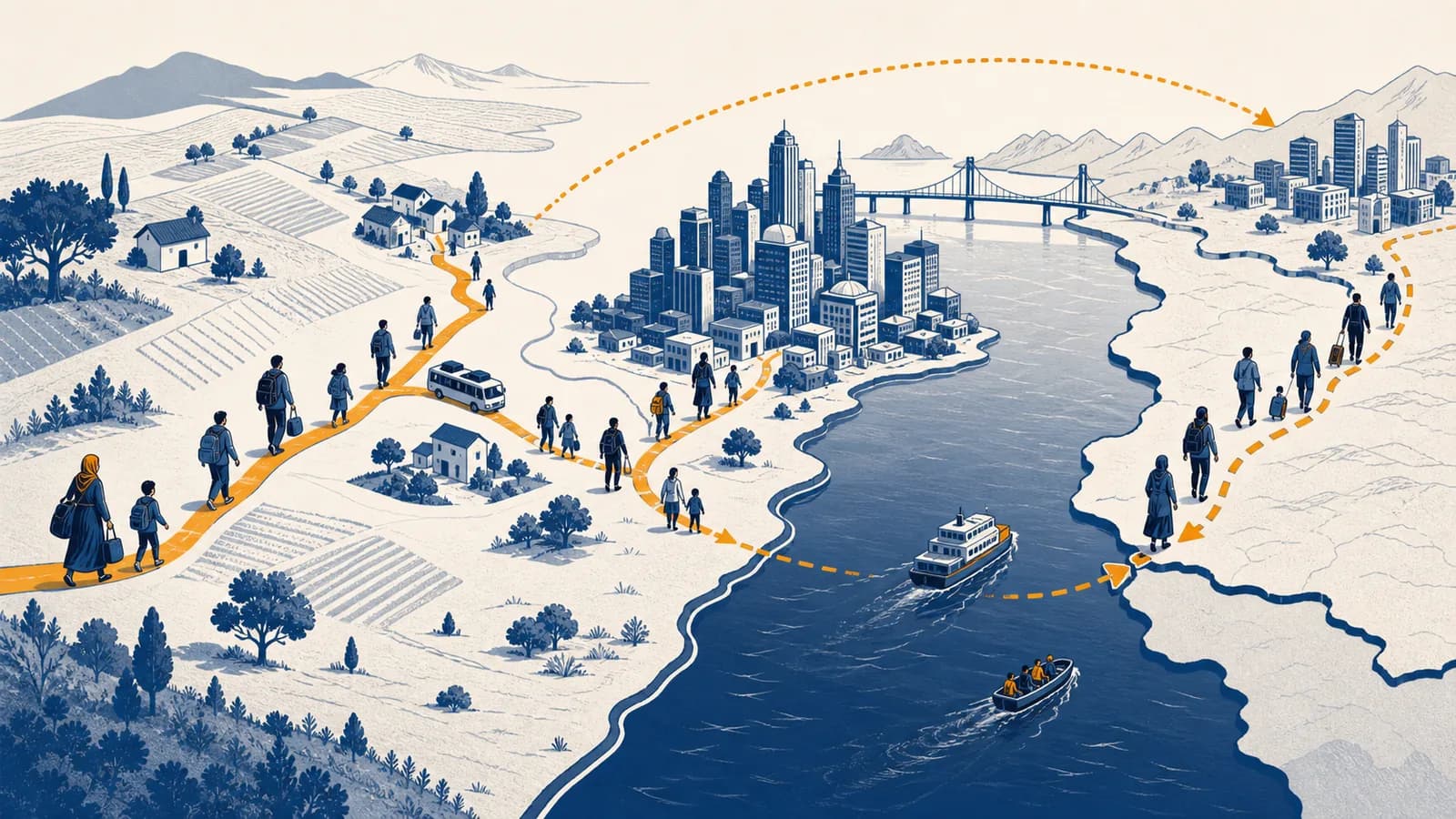 An illustration of people moving along routes between rural areas, cities, and countries on a map.