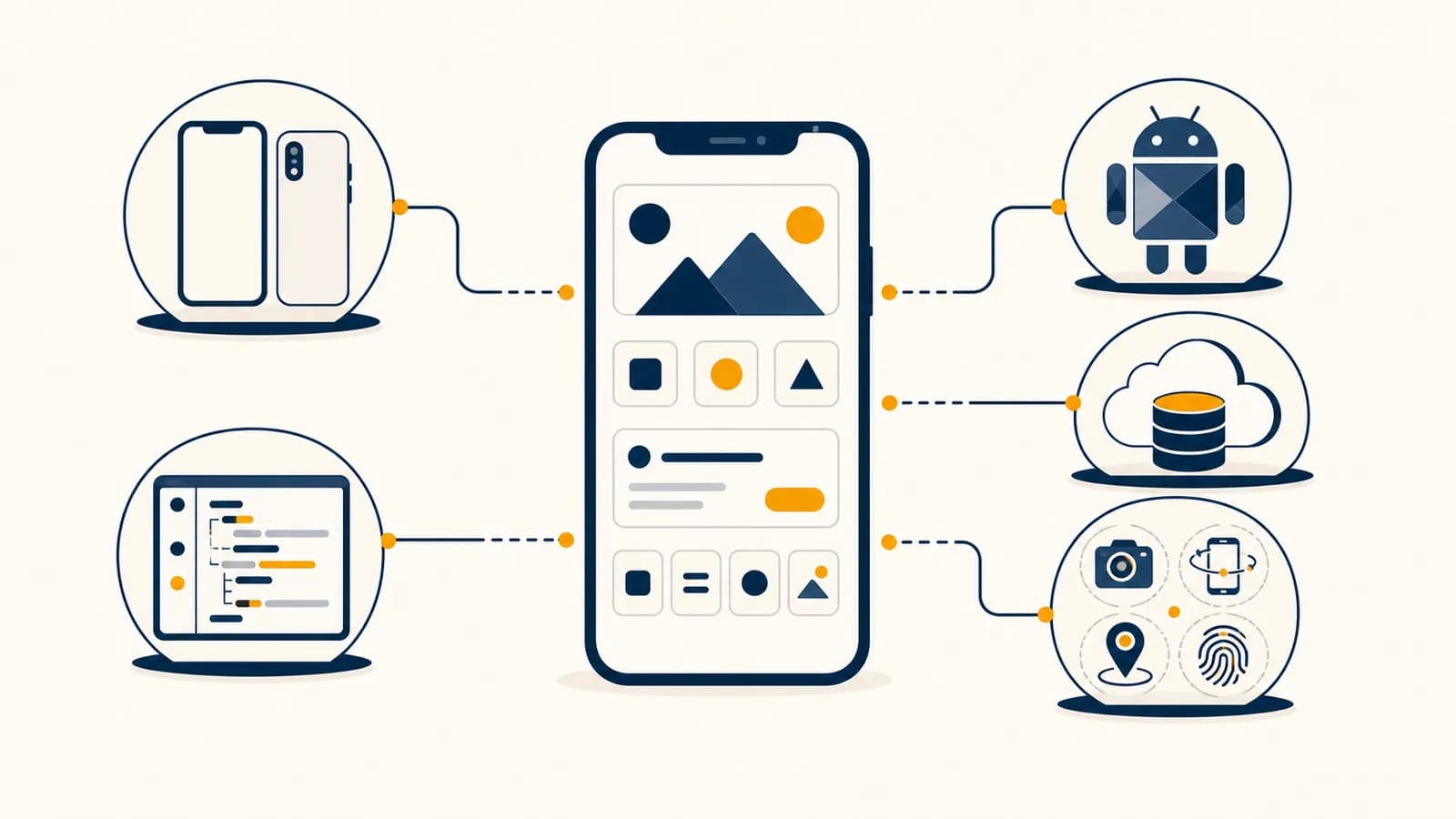An illustration of one mobile app interface connected to iOS, Android, code, cloud data, and device sensors.