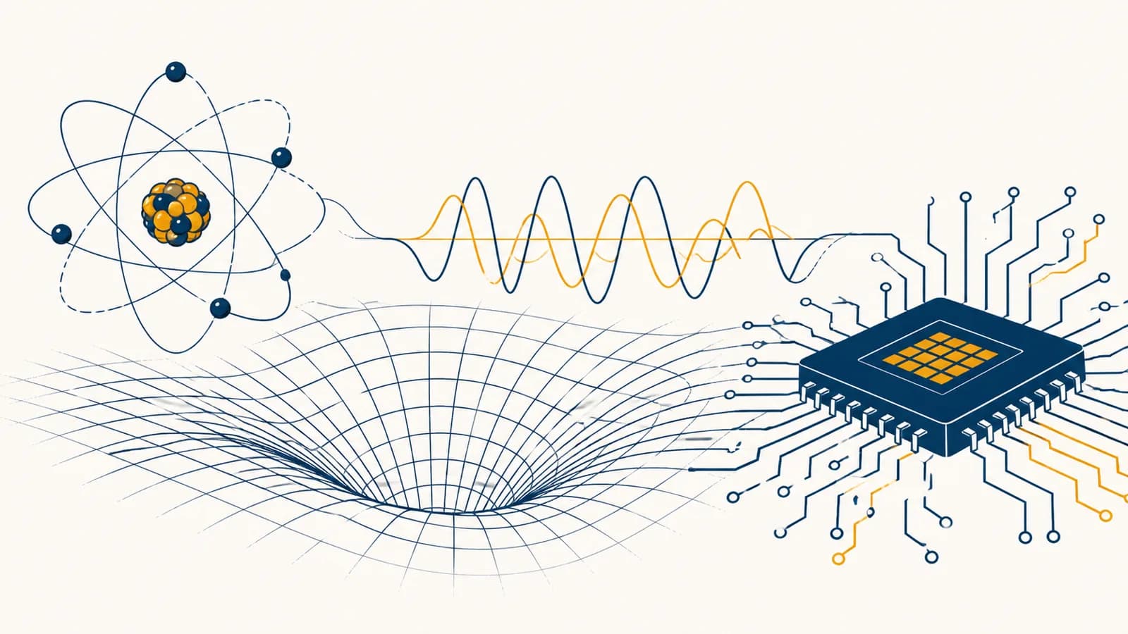 An illustration of an atom, a curved spacetime grid, light waves, and a semiconductor chip representing modern physics.