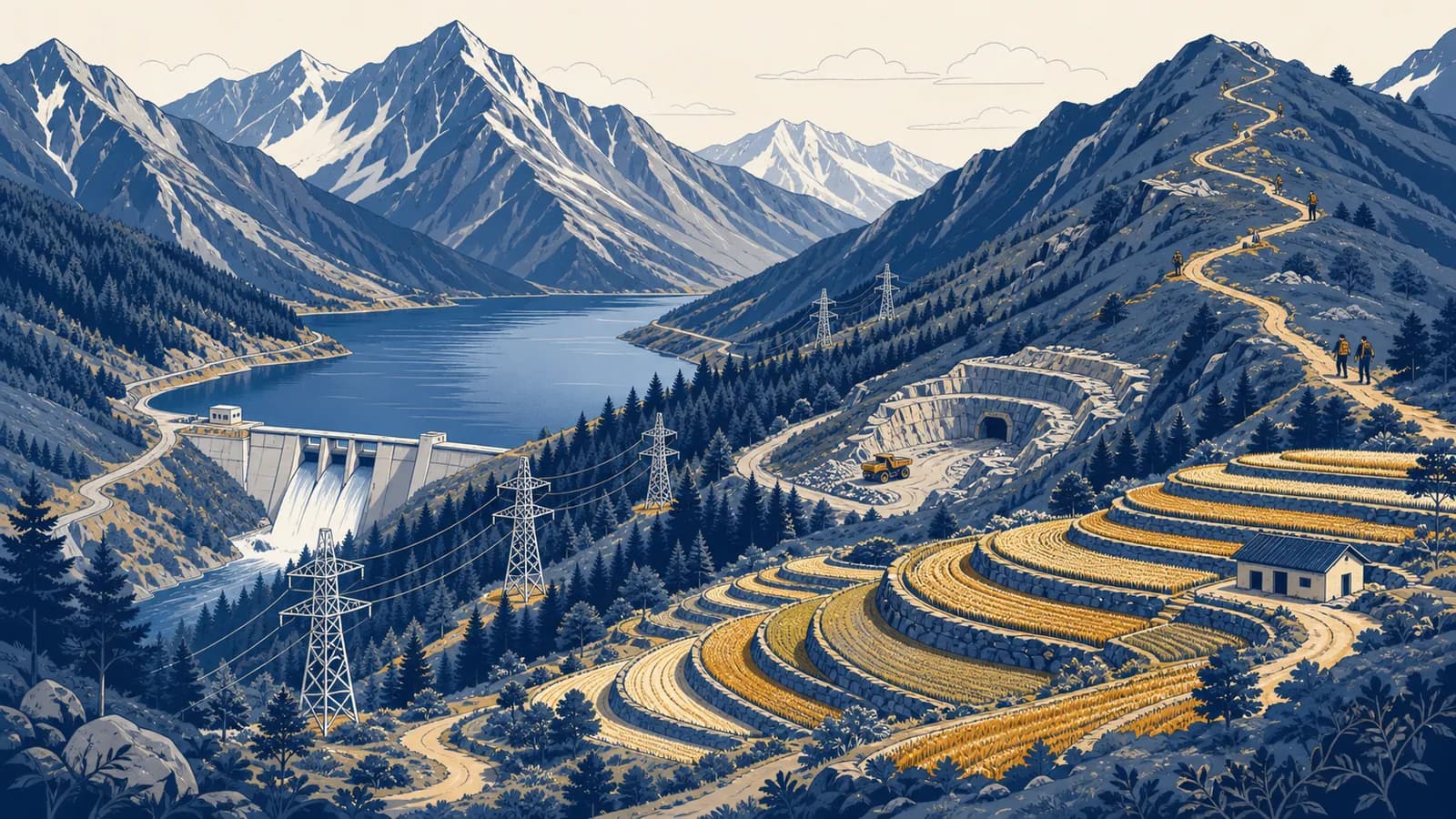 An illustrated mountain valley shows a reservoir, terraced farms, forest, mine, power lines and hiking trails.