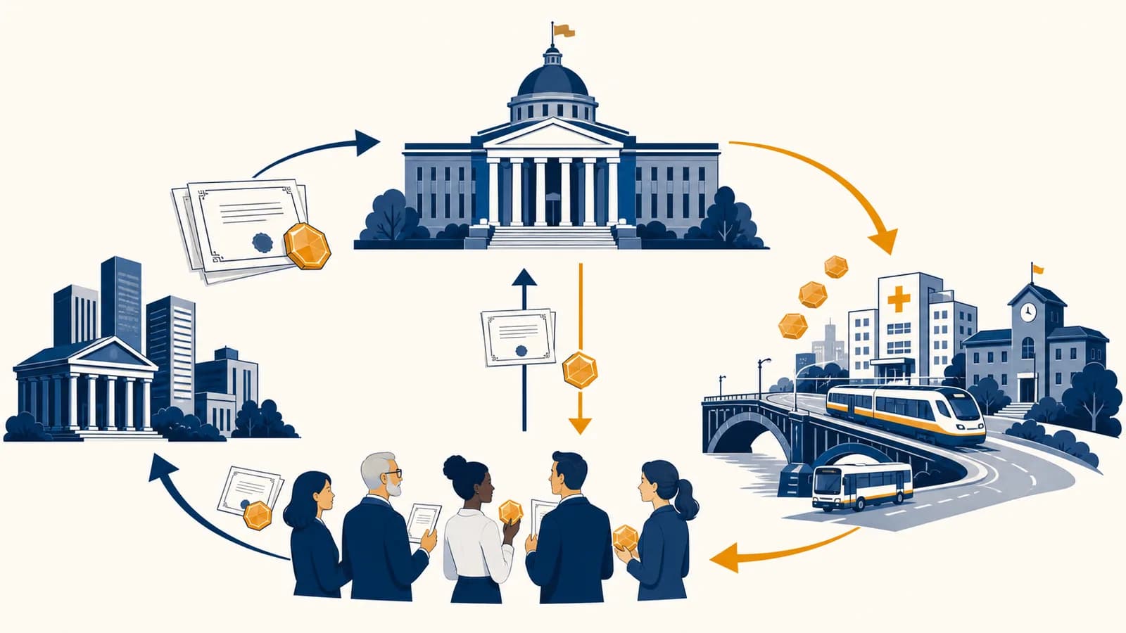 An illustration of government bonds flowing between a national treasury, investors, and public services.