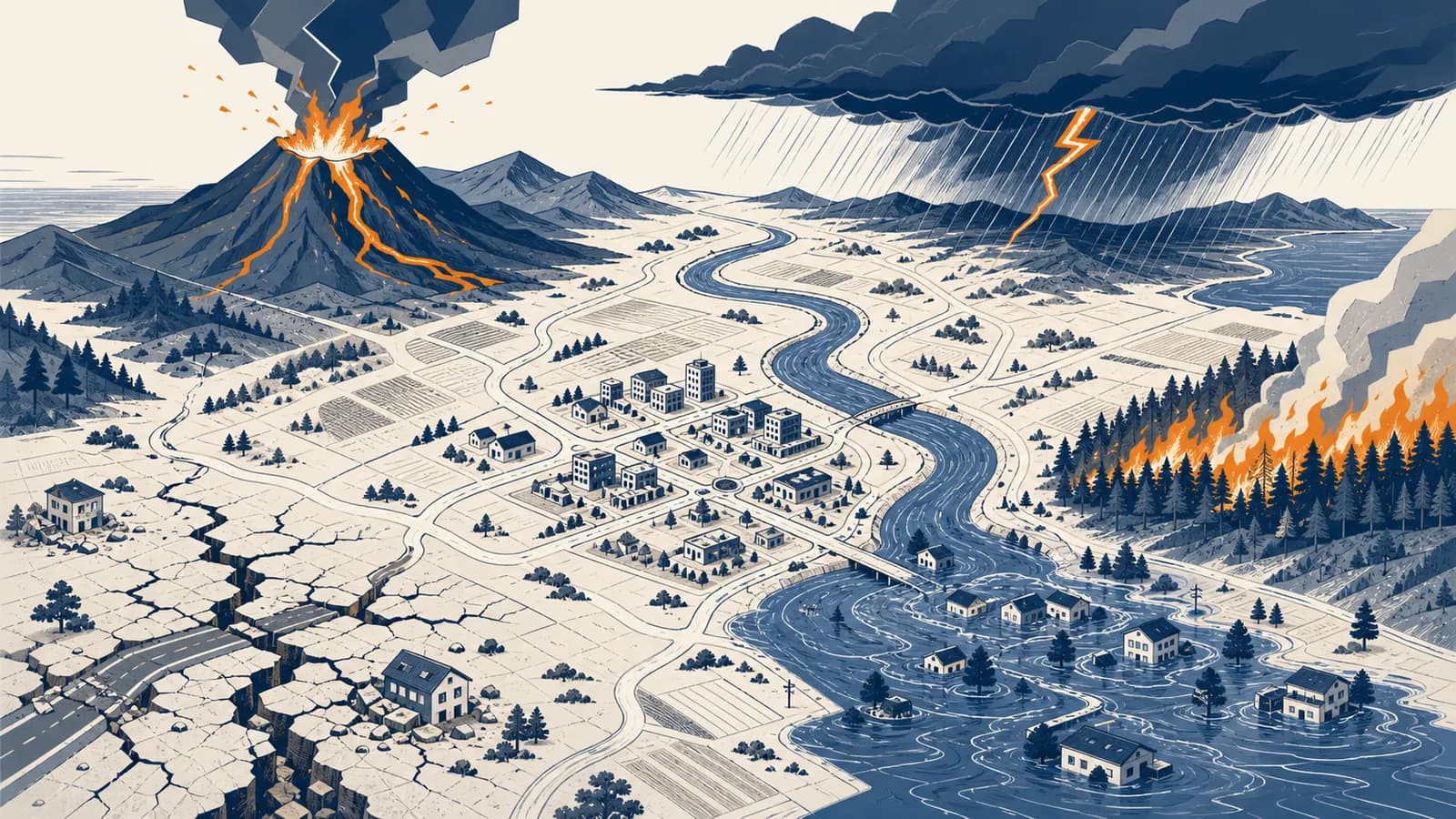 An illustration showing an earthquake, volcano, flood, wildfire, and storm around a mapped community.