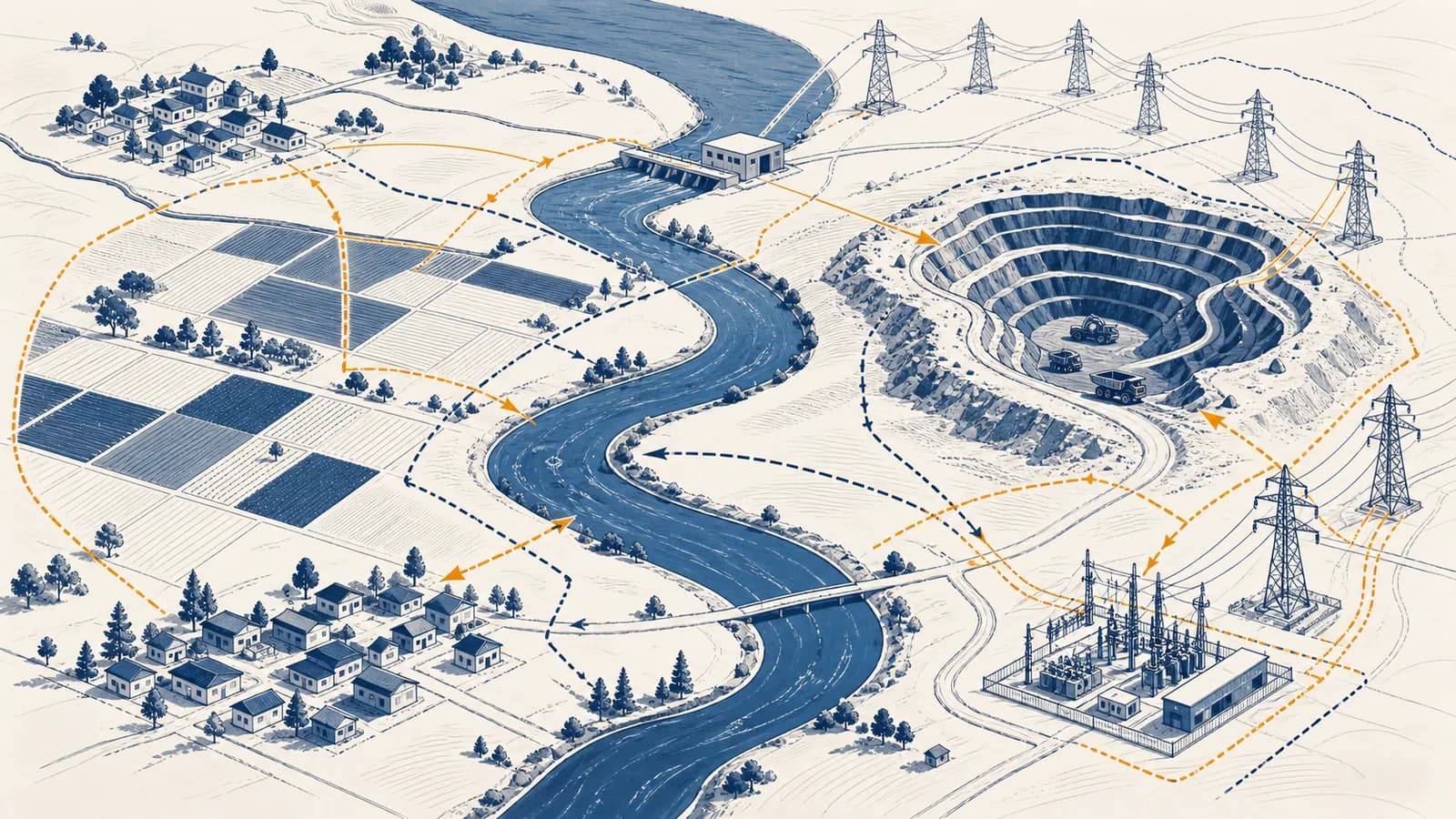 An illustrated map shows communities, a river, farmland, a mine, and energy infrastructure connected by competing resource claims.