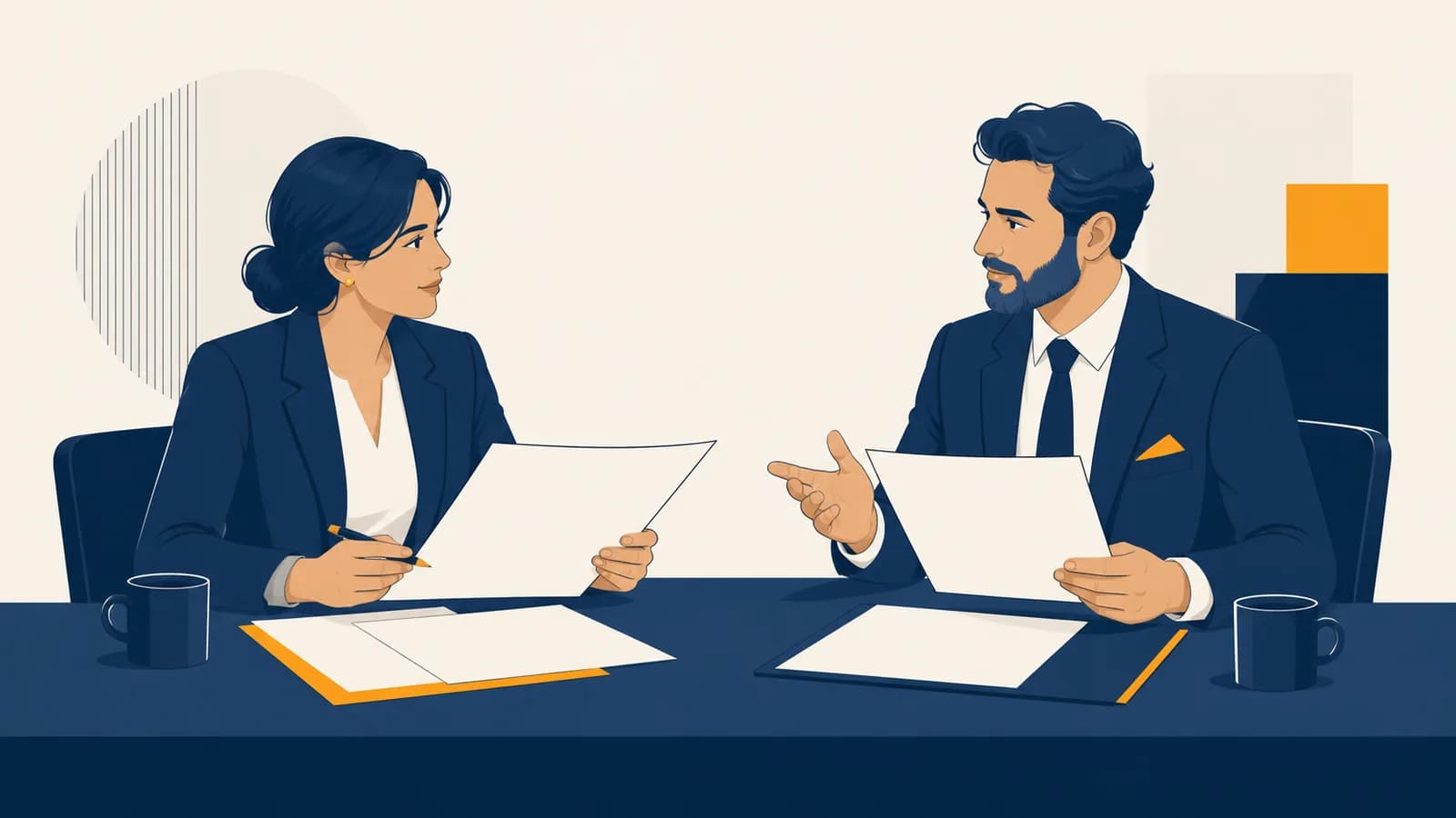 Two business partners compare written proposals across a table while discussing an agreement.