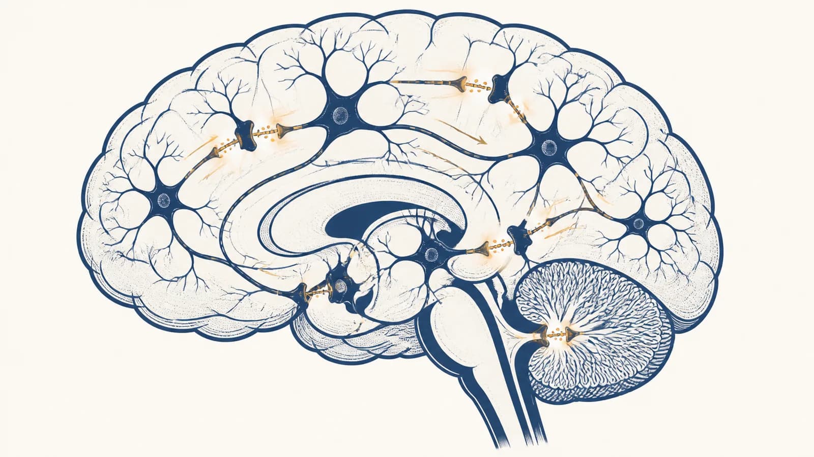 An illustration of neurons exchanging signals across synapses within a human brain.