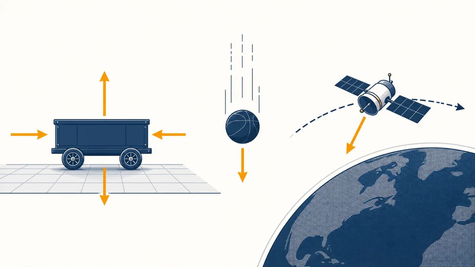 An illustration shows force arrows acting on a moving cart, a falling ball, and an orbiting satellite.