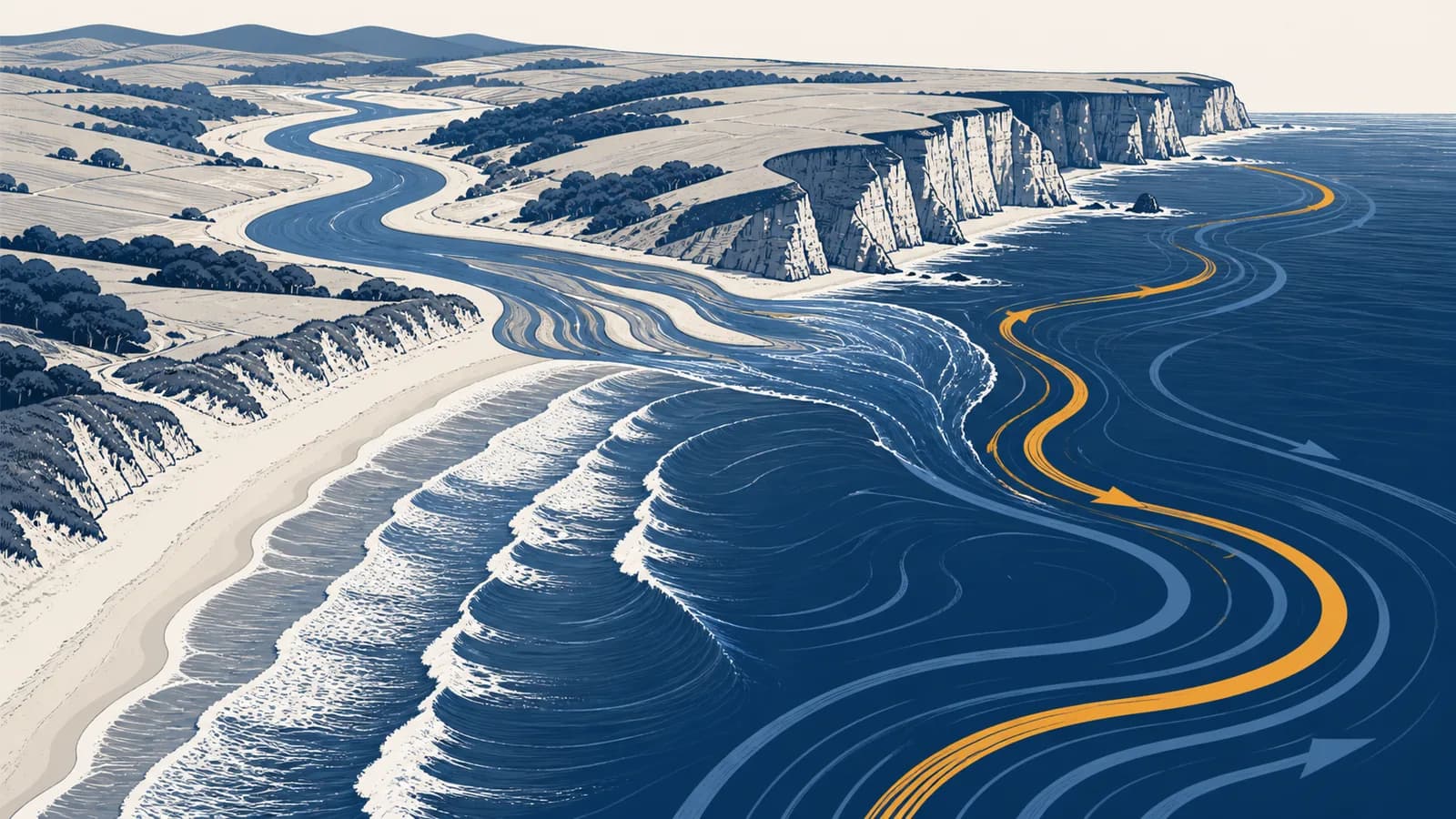 An illustrated coastline showing waves, a beach, cliffs, a river estuary and ocean currents.