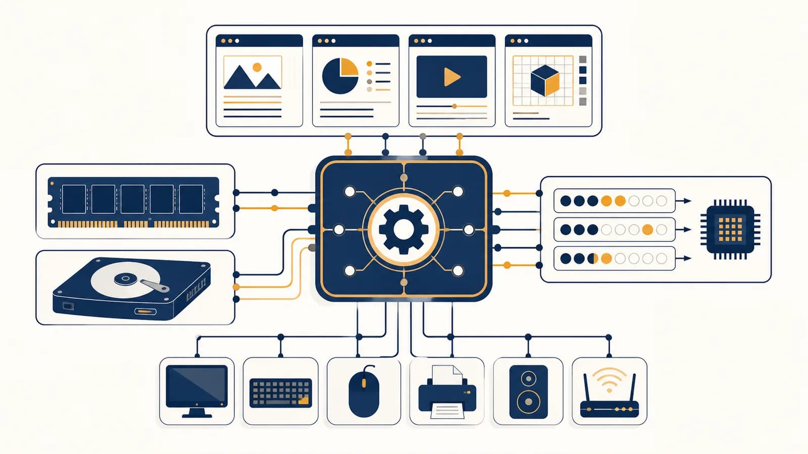 An operating system coordinates applications, memory, storage, processor time, and connected devices inside a computer.