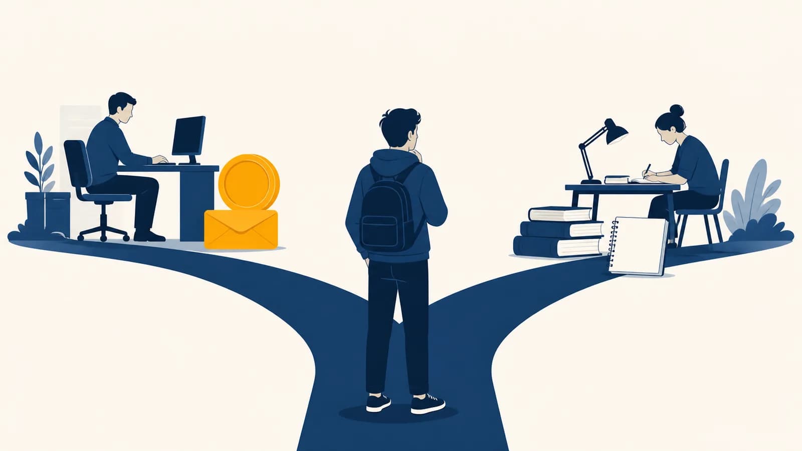 A student weighs two paths, one leading to paid work and the other to study time.