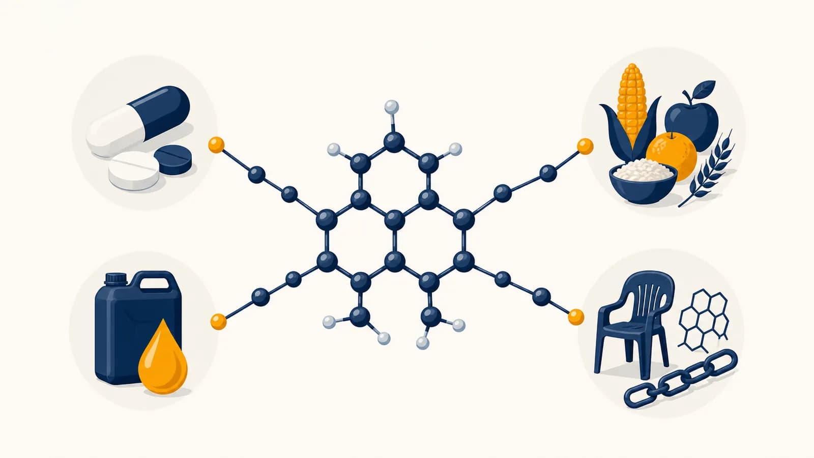 An illustration of carbon molecules connecting medicine, food, fuel, and polymer materials.